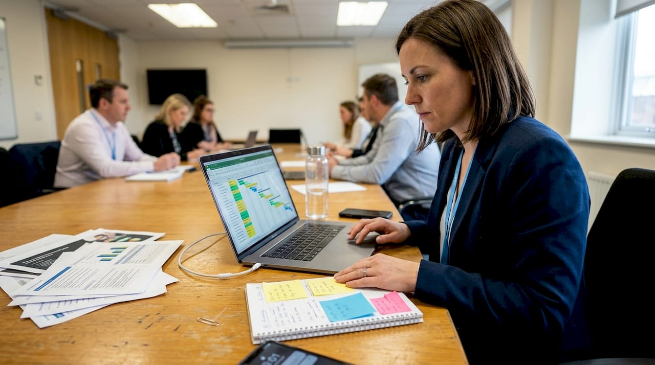 Project manager updating implementation plan in meeting room