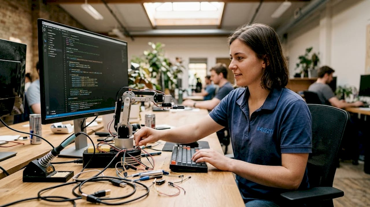 Engineer programming robot arm in workspace