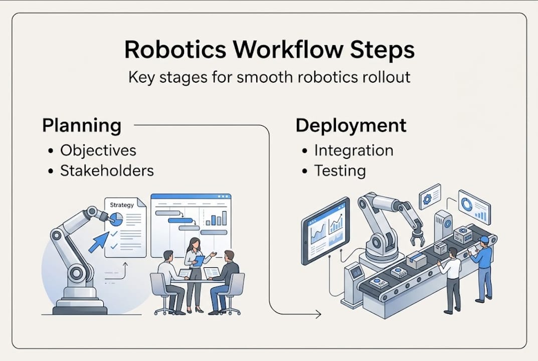 Infographic illustrating robotics workflow steps