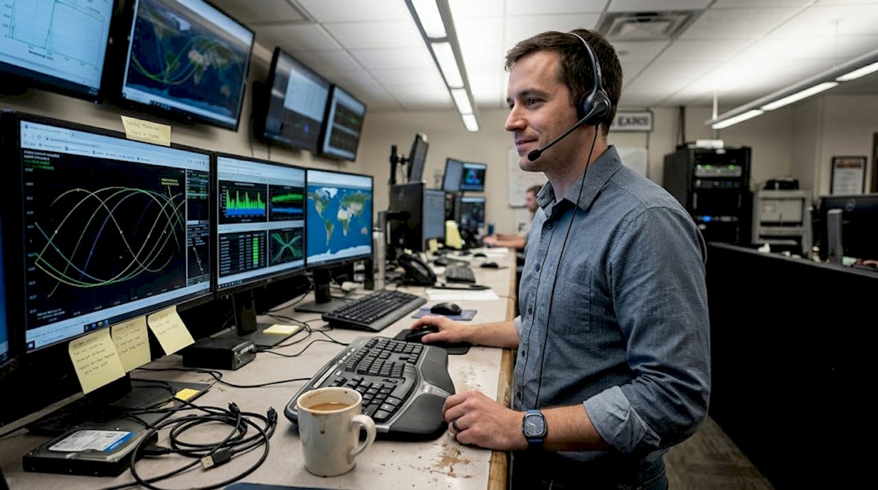 Engineer supervising satellite communication operations