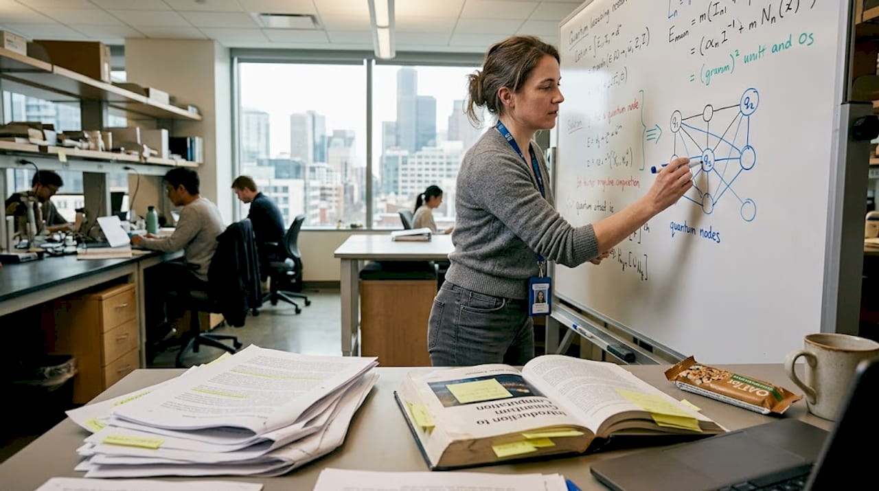 Quantum researcher drawing network on whiteboard