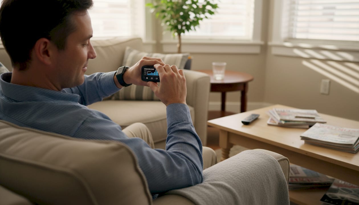 Man checks sleep data on tracker at home