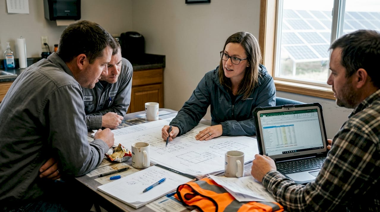 Business team reviewing renewable site plans