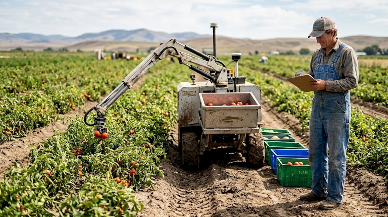 Harvesting robot picking crops alongside farmer