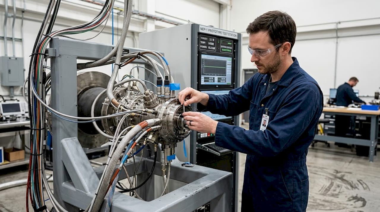 Technician testing electric space thruster