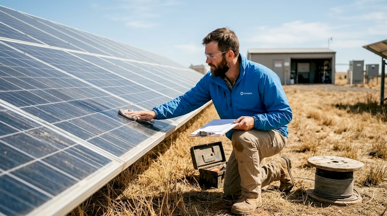 Engineer inspecting and cleaning solar panel array