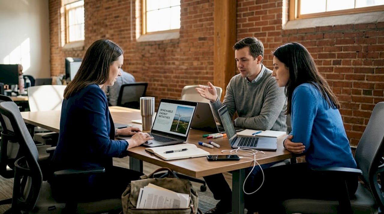 Small team reviews renewable energy project in office