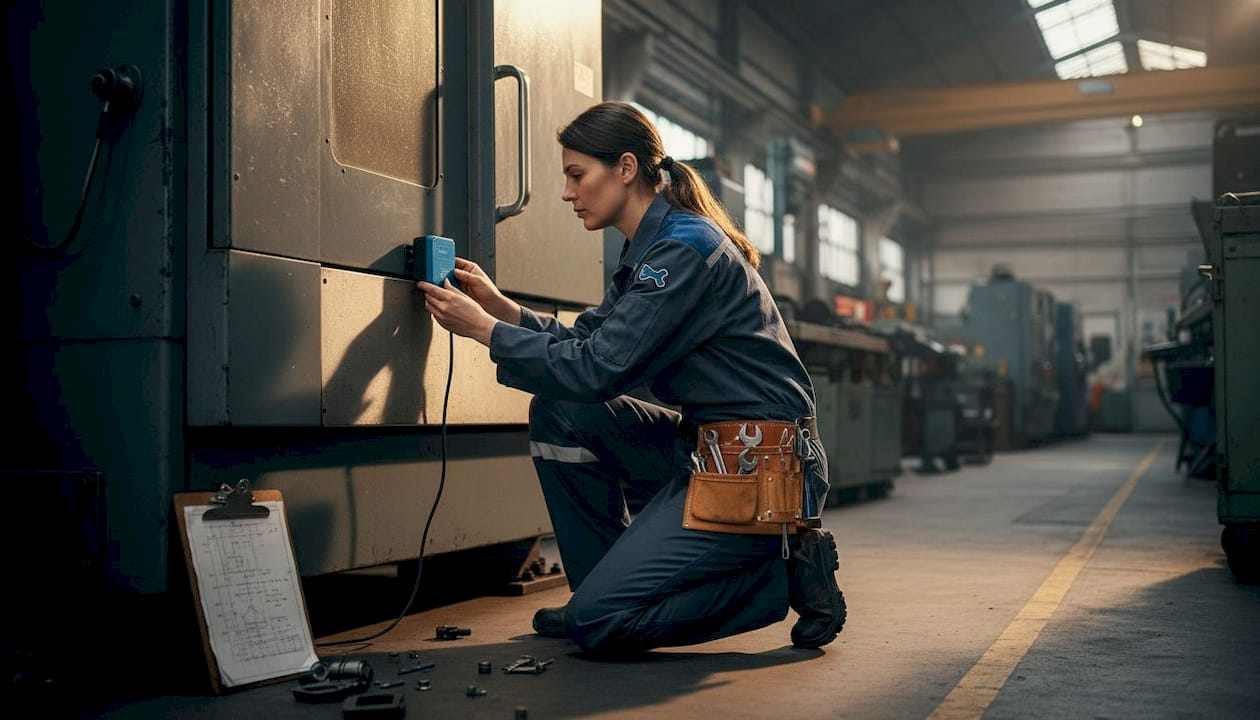 Technician installing IoT sensor on machine