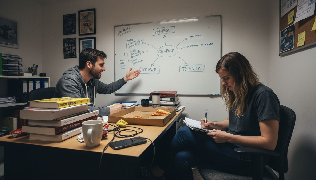 Team discussing types of SEO in office