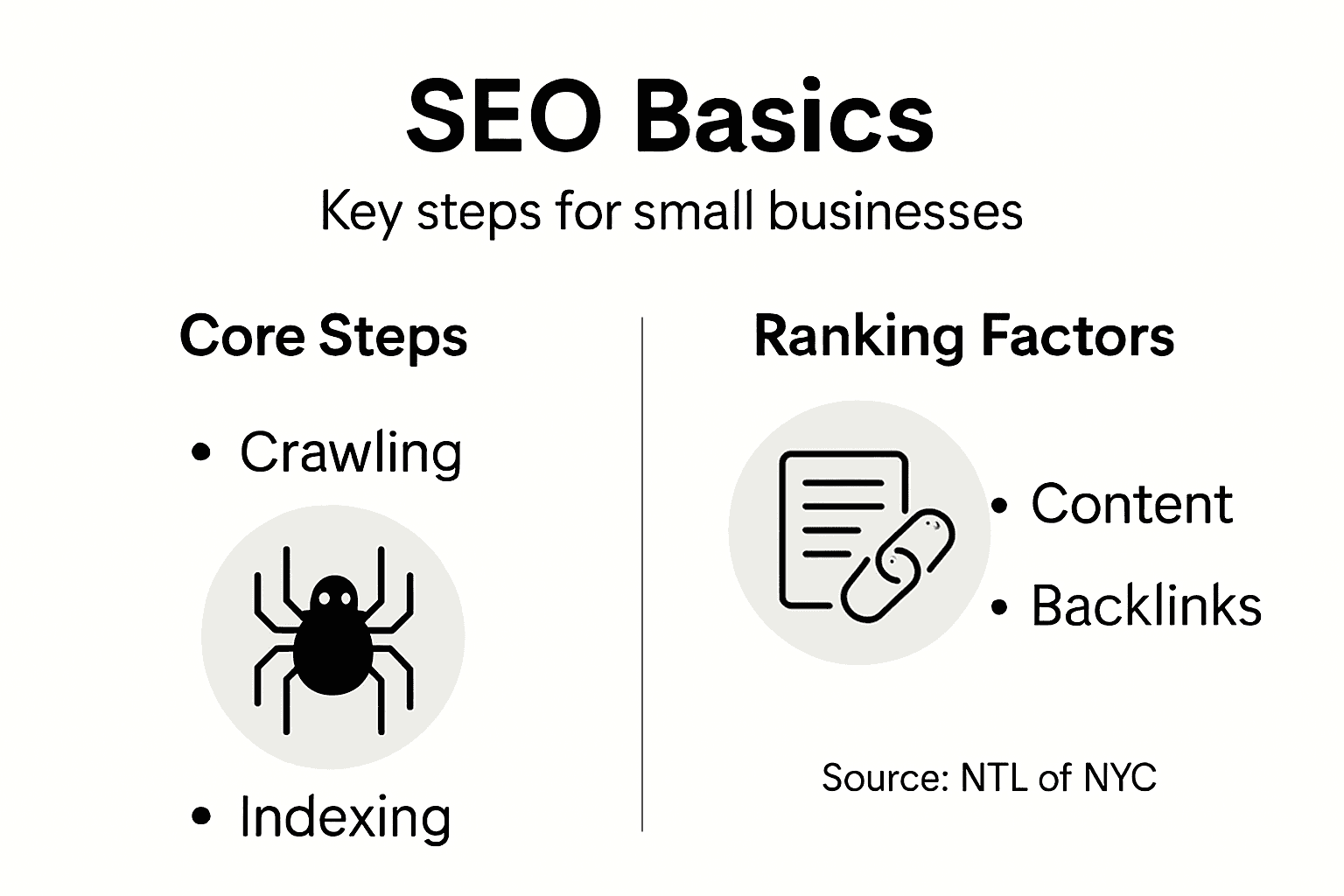 Infographic showing SEO core steps and ranking factors