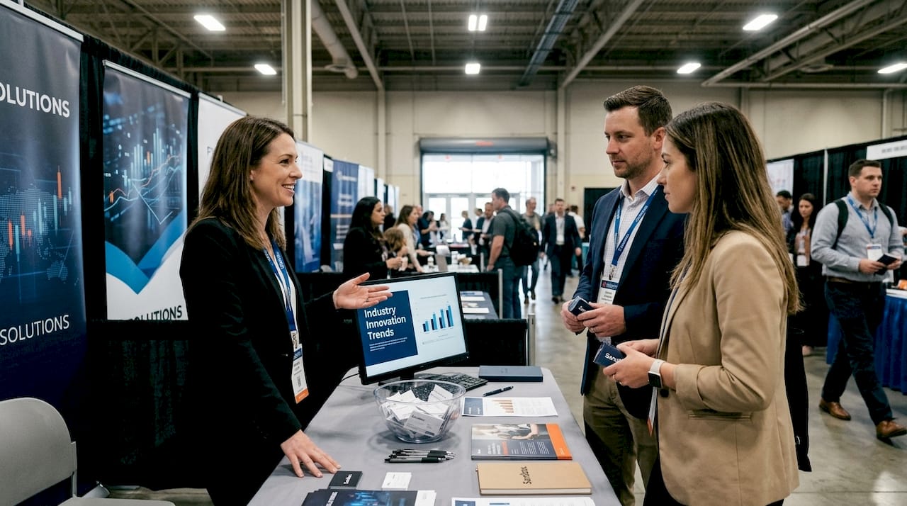 Businesswoman at busy B2B trade show booth