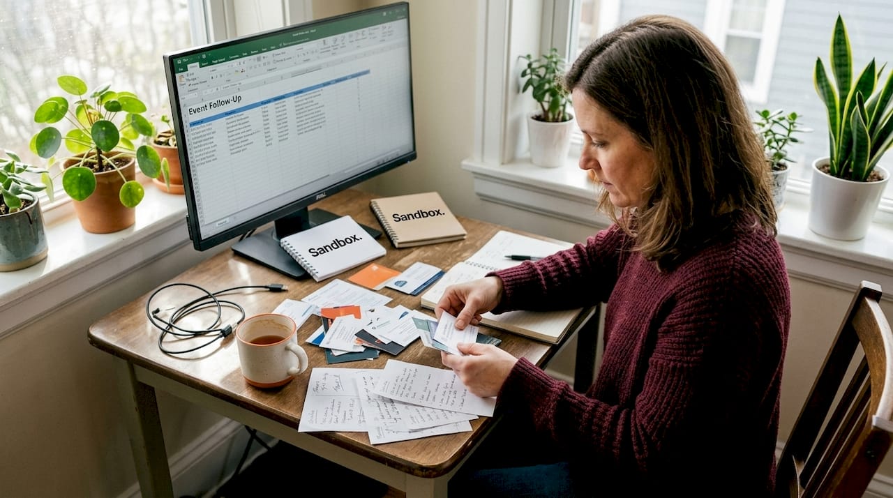 Marketer sorting event leads in home office