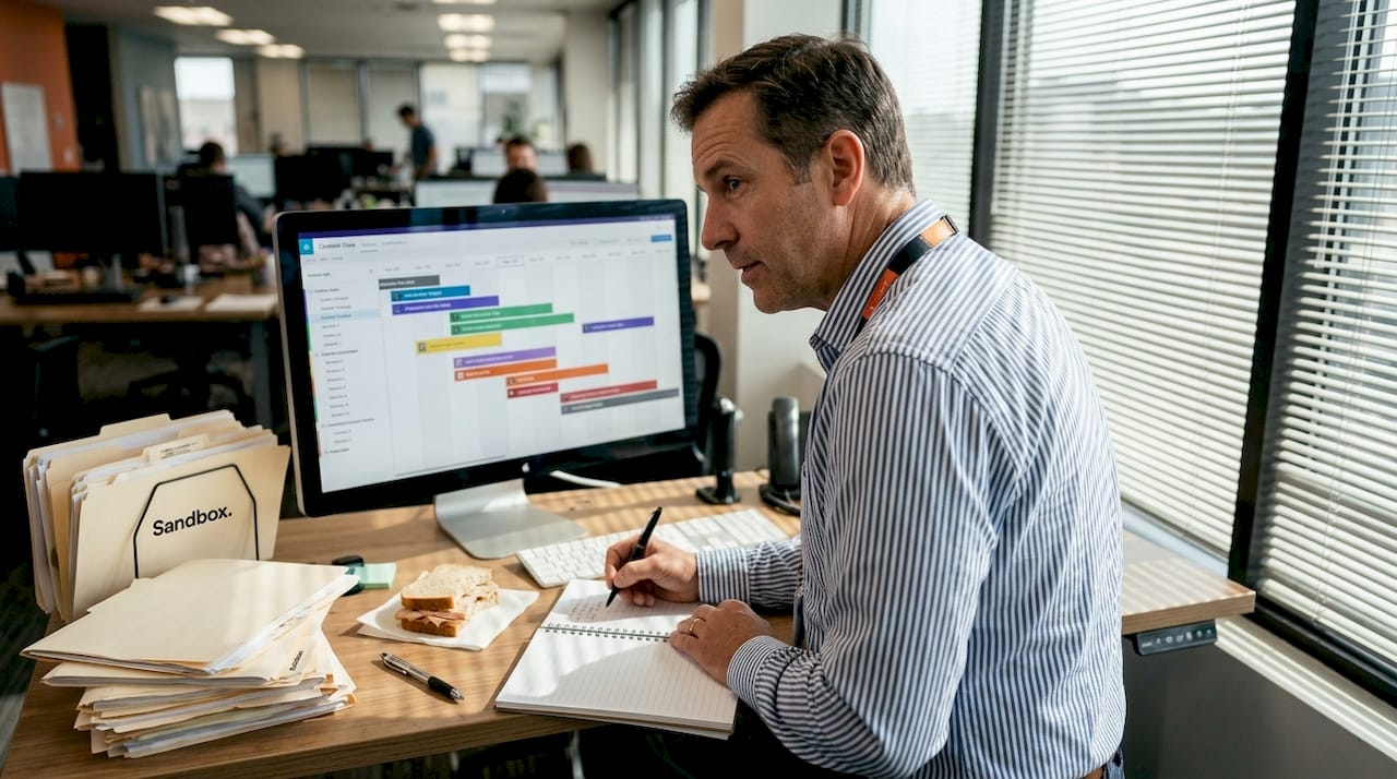 Man planning content distribution at desk