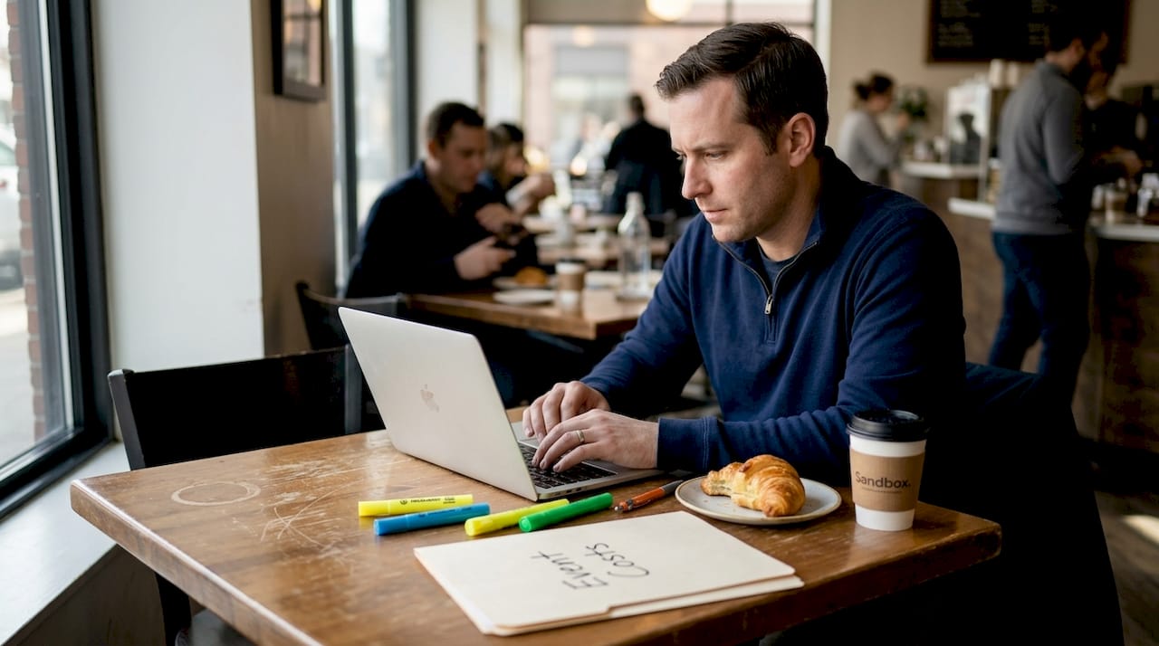 Man planning event budget at café table