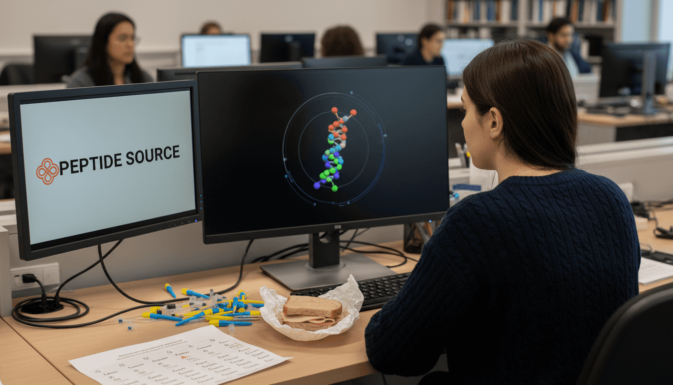 Ερευνητής παρατηρεί στην οθόνη του έναν τρισδιάστατο μοντέλο πεπτιδίου, αναλύοντας τη δομή και τις ιδιότητές του.