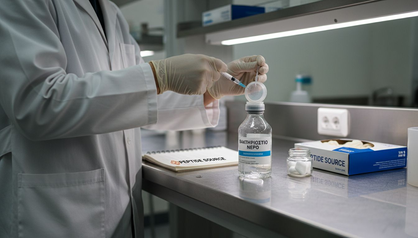 Ένας ερευνητής προετοιμάζει διάλυμα BPC-157 στο εργαστήριο.