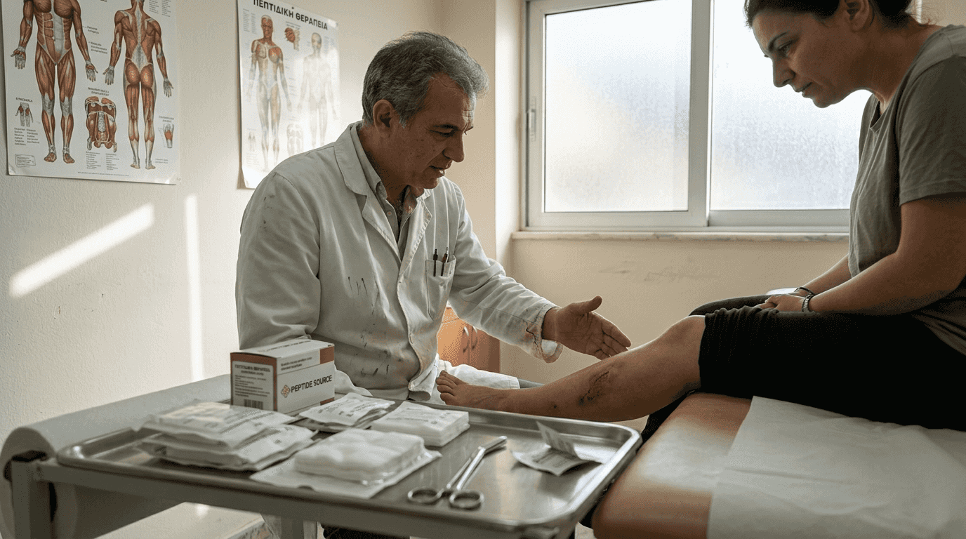 Ο γιατρός παρακολουθεί προσεκτικά την πορεία επούλωσης του τραύματος του ασθενή, αξιολογώντας κάθε στάδιο της ανάρρωσης.