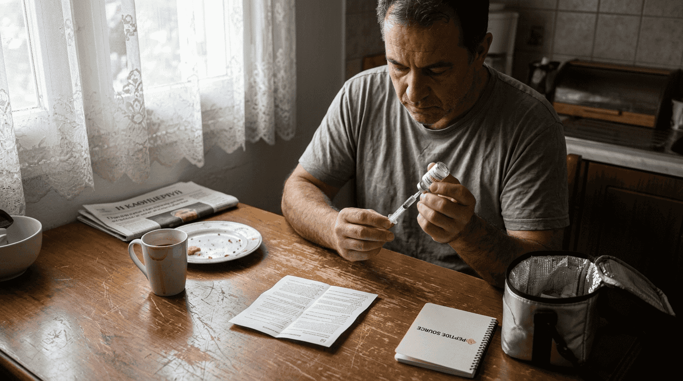 Άνδρας ετοιμάζει ενέσιμη δόση πεπτιδίου Tesamorelin