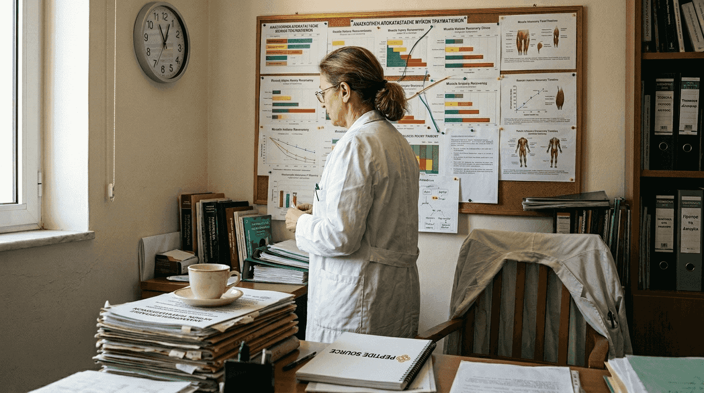Ένας ερευνητής μελετά διαγράμματα που απεικονίζουν την πορεία αποκατάστασης μυικών τραυματισμών.