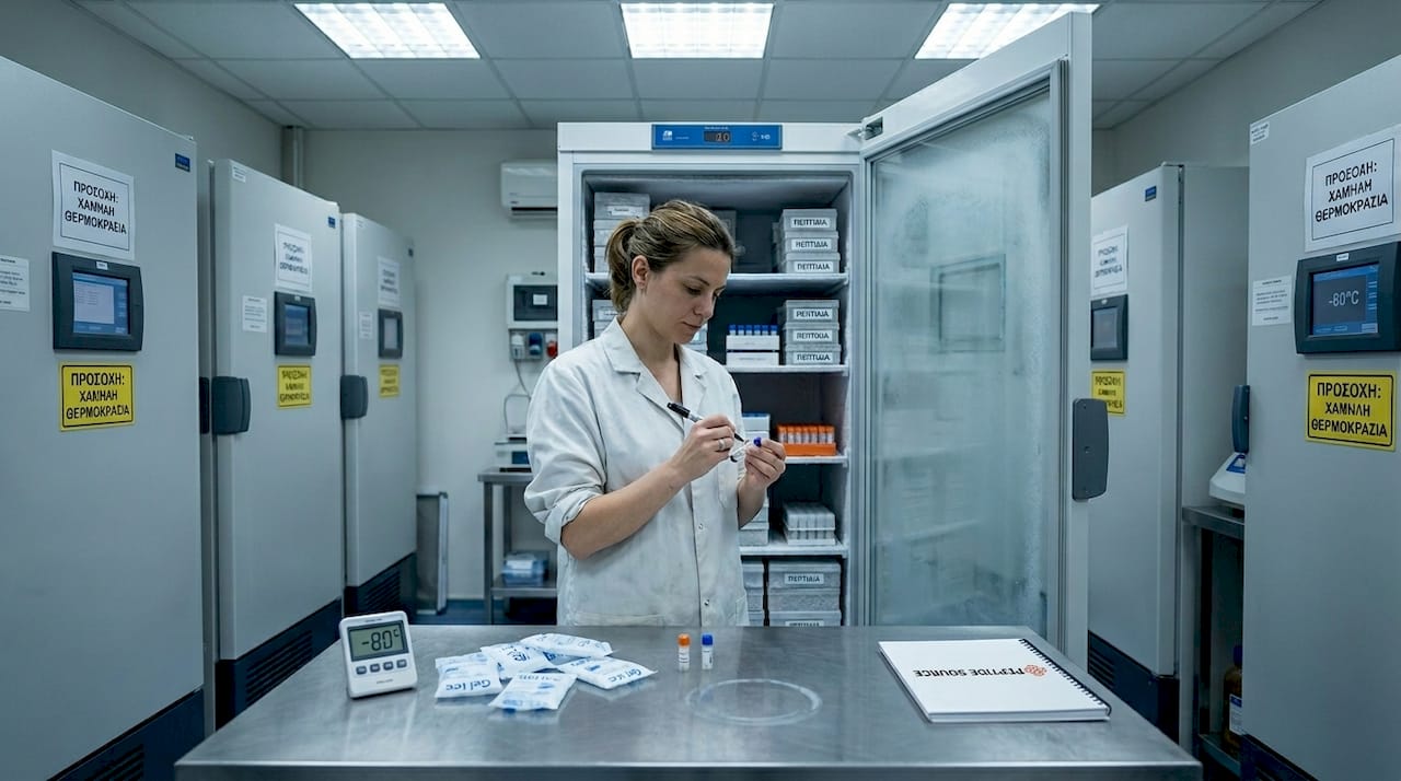 Ερευνήτρια καταγράφει ετικέτες σε φιαλίδια μπροστά στο καταψύκτη του εργαστηρίου.