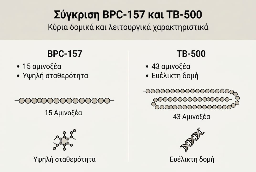 Γραφικό που παρουσιάζει συγκριτικά τη δομή των πεπτιδίων BPC-157 και TB-500