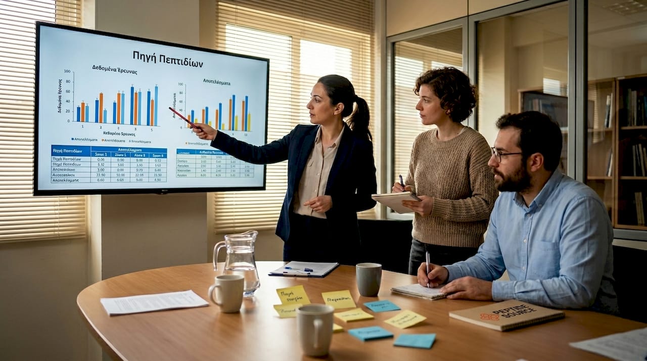 Η ομάδα παρουσιάζει τα κλινικά αποτελέσματα σε αίθουσα συσκέψεων.