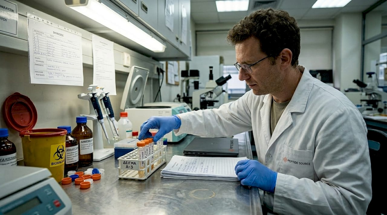 Μια ερευνήτρια ετοιμάζει δείγματα μέσα σε ένα εργαστήριο γεμάτο κίνηση και δραστηριότητα.