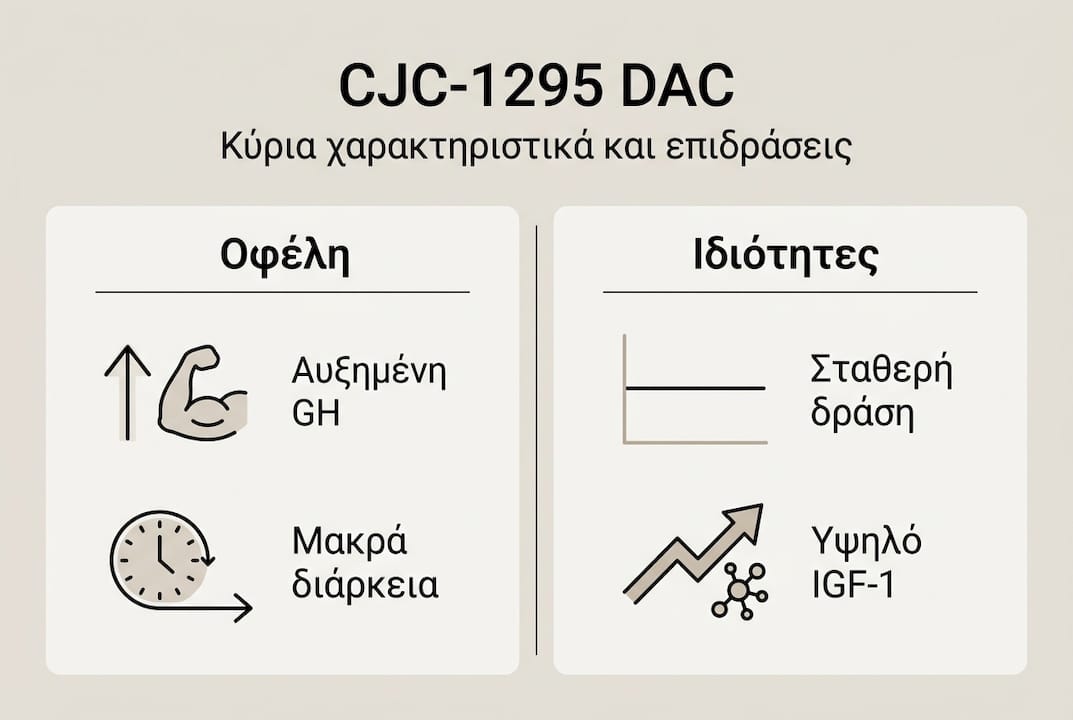 Γραφική απεικόνιση με βασικές ιδιότητες και οφέλη του CJC-1295 DAC