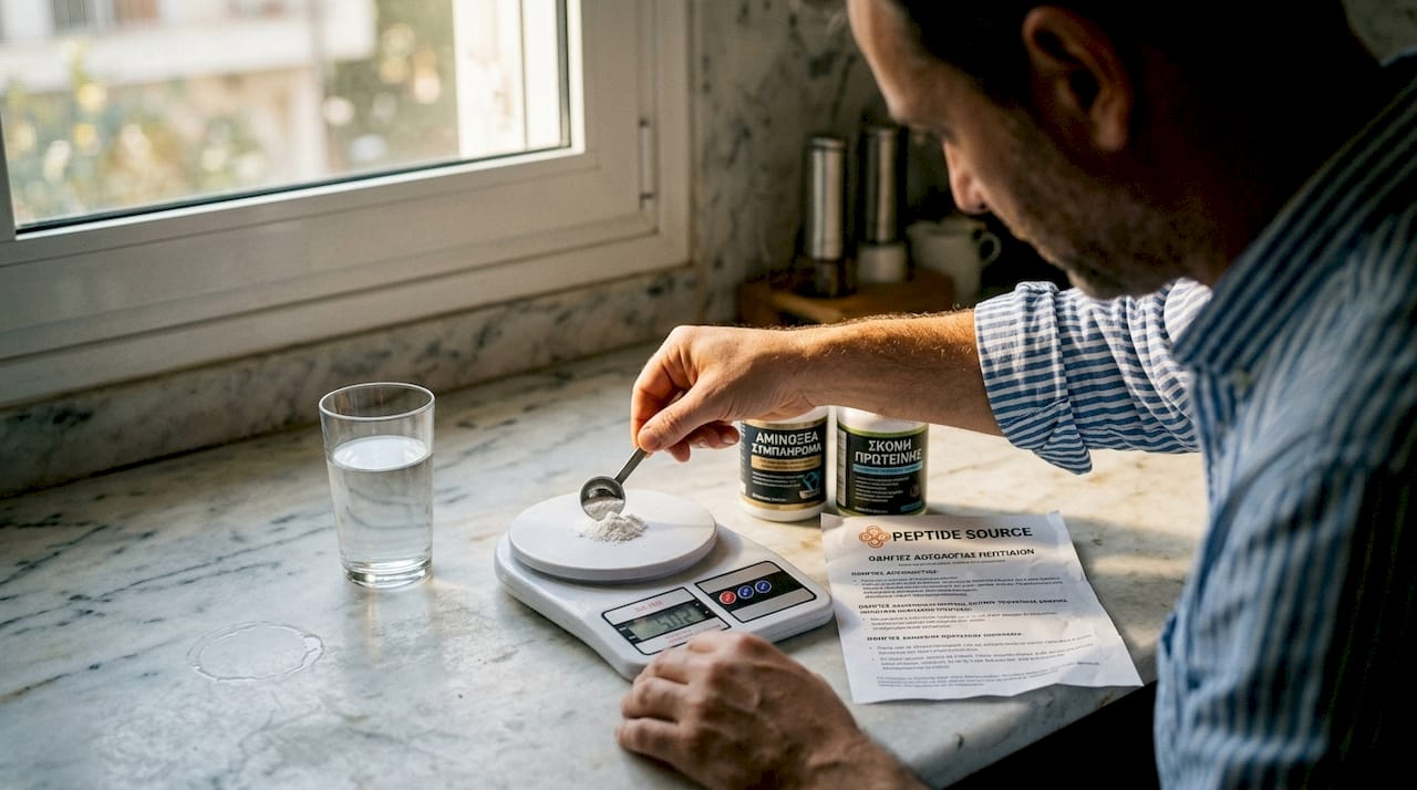 Ένας άνδρας στέκεται στον πάγκο της κουζίνας και μετράει προσεκτικά τη δόση του συμπληρώματος που πρόκειται να πάρει.