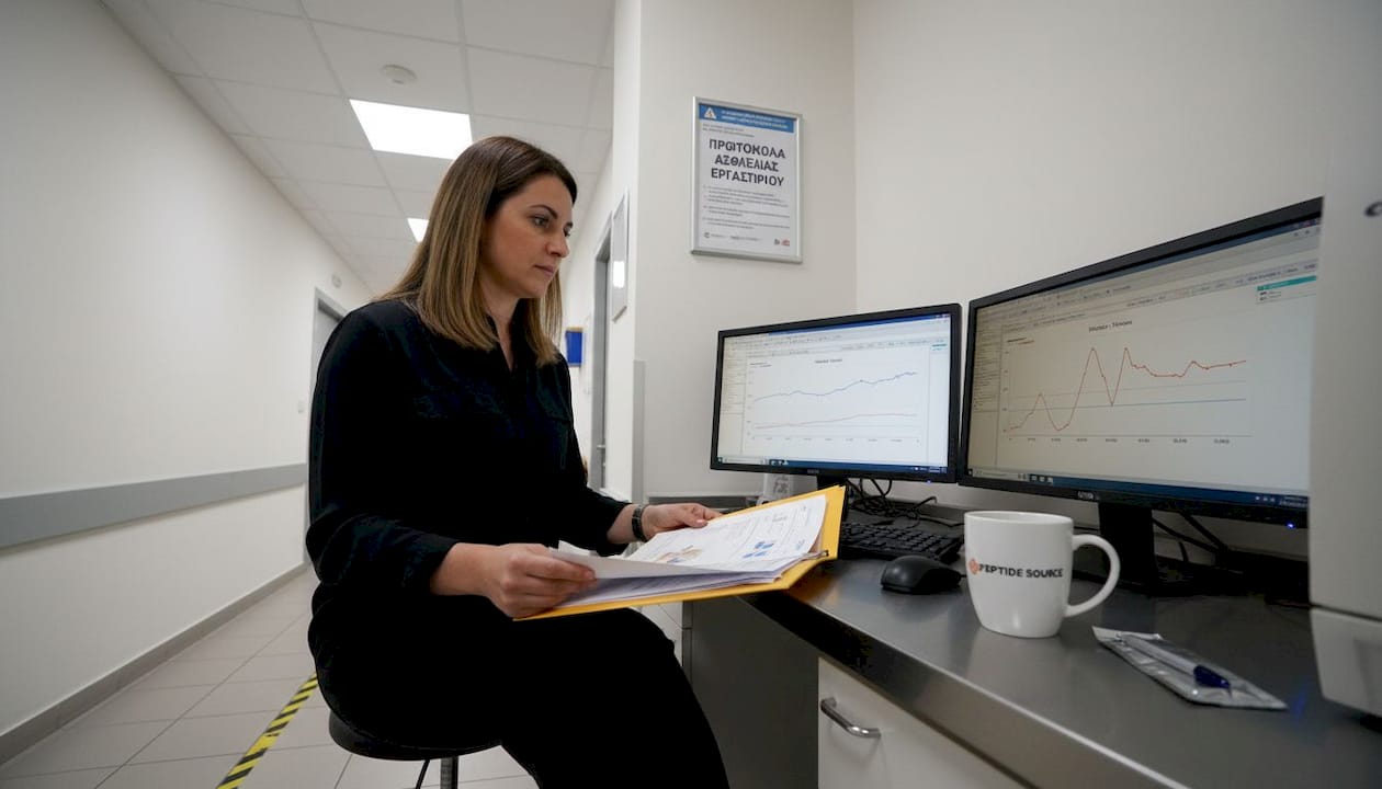 Μια βοηθός ερευνήτριας μελετάει τα ιατρικά στοιχεία από μια κλινική μελέτη.