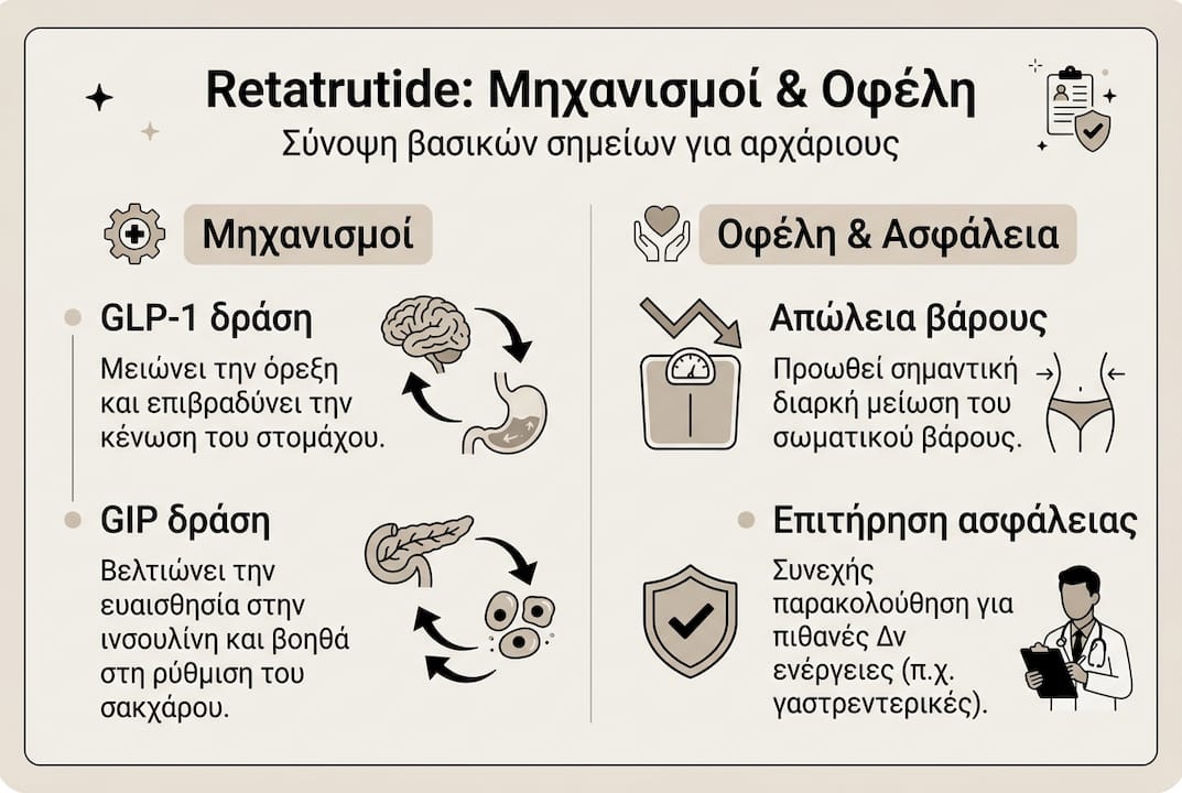 Ενημερωτικό γράφημα: Πώς λειτουργεί η retatrutide, ποια είναι τα οφέλη της και τι πρέπει να γνωρίζουμε για την ασφάλειά της