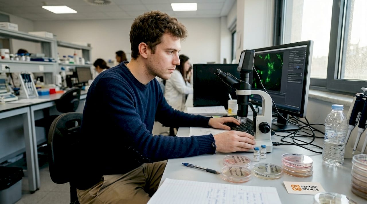 Ένας τεχνικός παρακολουθεί τη μετακίνηση κυττάρων μέσα από ένα ψηφιακό μικροσκόπιο.