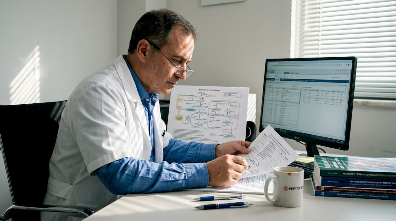 Ενδοκρινολόγος μελετάει διάγραμμα των μεταβολικών οδών, εξετάζοντας προσεκτικά πώς λειτουργούν οι διάφορες διαδικασίες του μεταβολισμού στον ανθρώπινο οργανισμό.