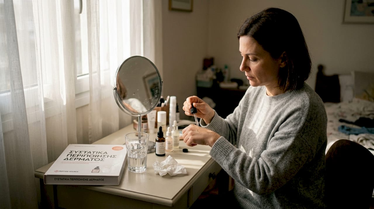 Γυναίκα δοκιμάζει καλλυντικά με πεπτίδια μπροστά στον καθρέφτη της, εξερευνώντας νέες λύσεις για τη φροντίδα της επιδερμίδας της.