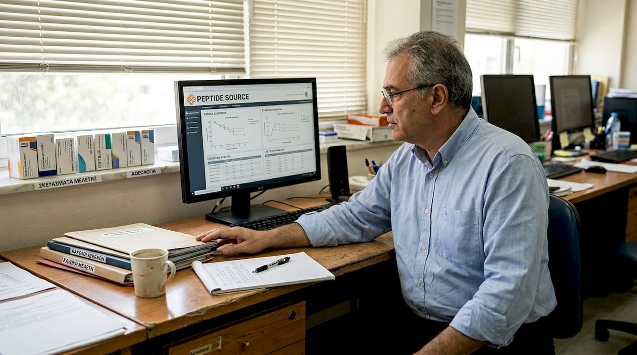 Ιατρός μελετά τα αποτελέσματα της κλινικής δοκιμής για τη ρετατρουτίδη