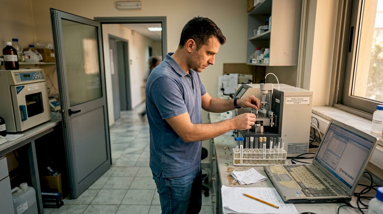 Ένας τεχνικός εργάζεται με ειδικό εξοπλισμό για τη σύνθεση πεπτιδίων.