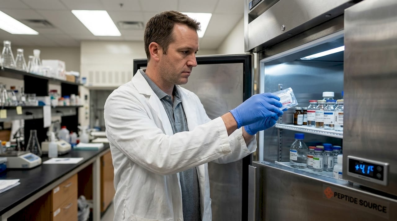 Ο τεχνικός τοποθετεί το δείγμα στο ψυγείο του εργαστηρίου για φύλαξη.