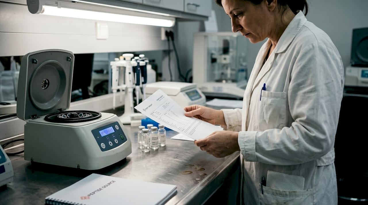 Ο εργαστηριακός τεχνικός εξετάζει την αναφορά καθαρότητας των πεπτιδίων, δίνοντας ιδιαίτερη προσοχή στα αποτελέσματα και στις τυχόν αποκλίσεις.