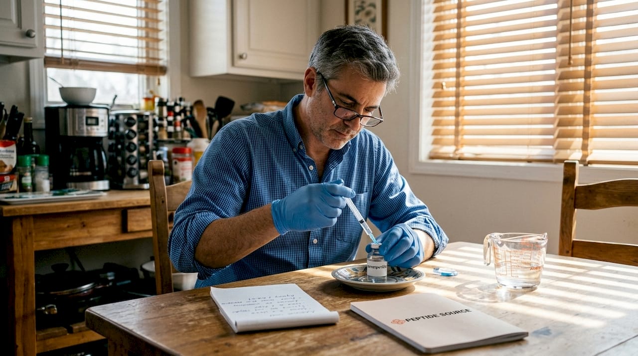 Ένας επιστήμονας κάθεται στο τραπέζι της κουζίνας και προσθέτει νερό σε ένα φιαλίδιο.