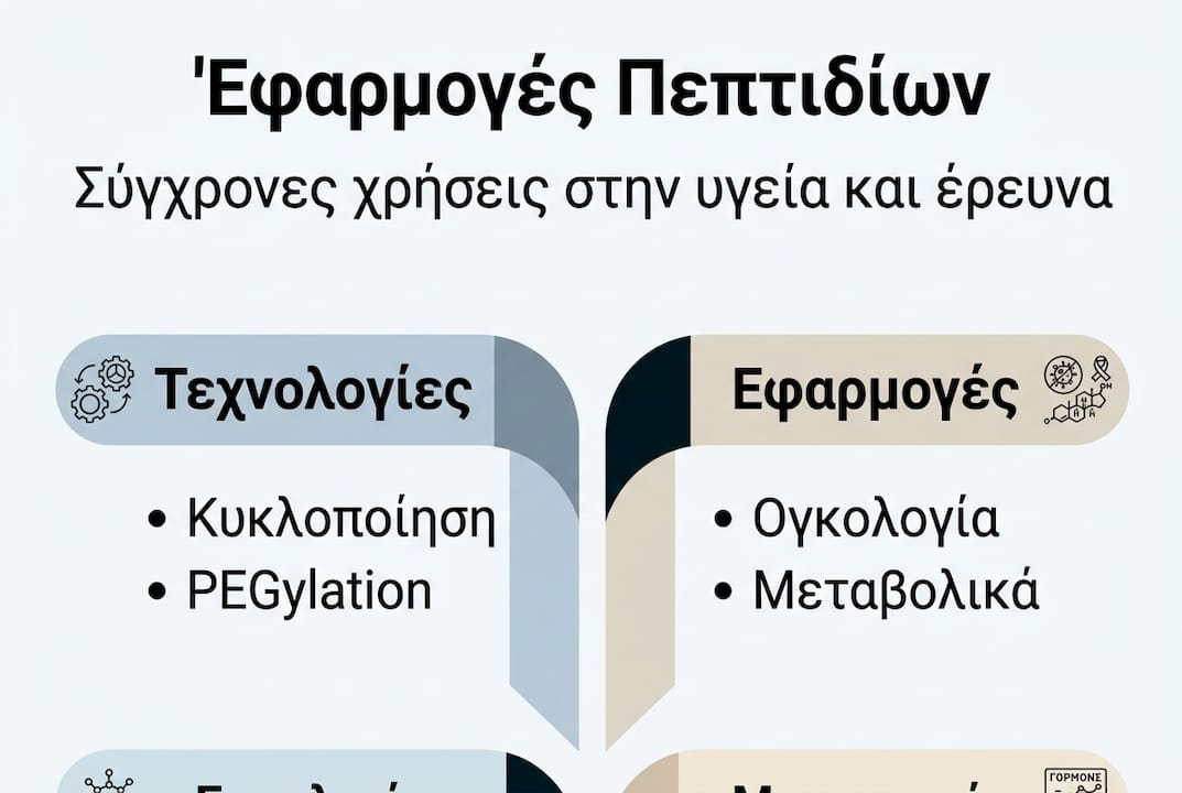 Ενημερωτικό γράφημα για τις κύριες τεχνολογίες και τις σημαντικότερες εφαρμογές των πεπτιδίων