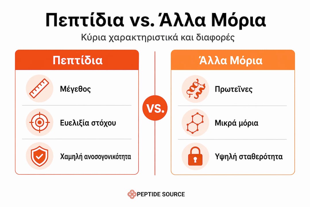 Εντυπωσιακό γράφημα που παρουσιάζει τις διαφορές μεταξύ πεπτιδίων και άλλων μορίων