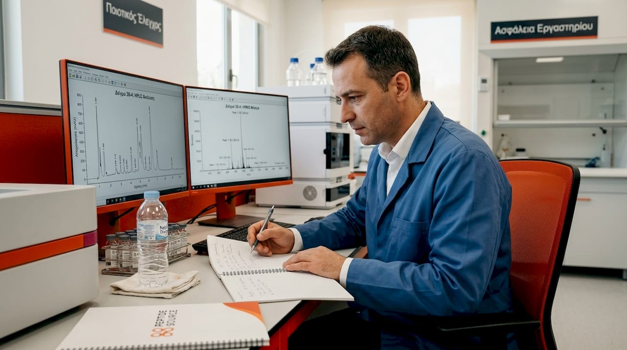 Ένας τεχνικός εξετάζει τα αποτελέσματα ανάλυσης από το σύστημα HPLC HRMS.