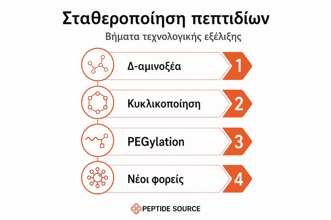 Εικονογραφημένος οδηγός με τα βασικά στάδια τεχνολογικής σταθεροποίησης πεπτιδίων