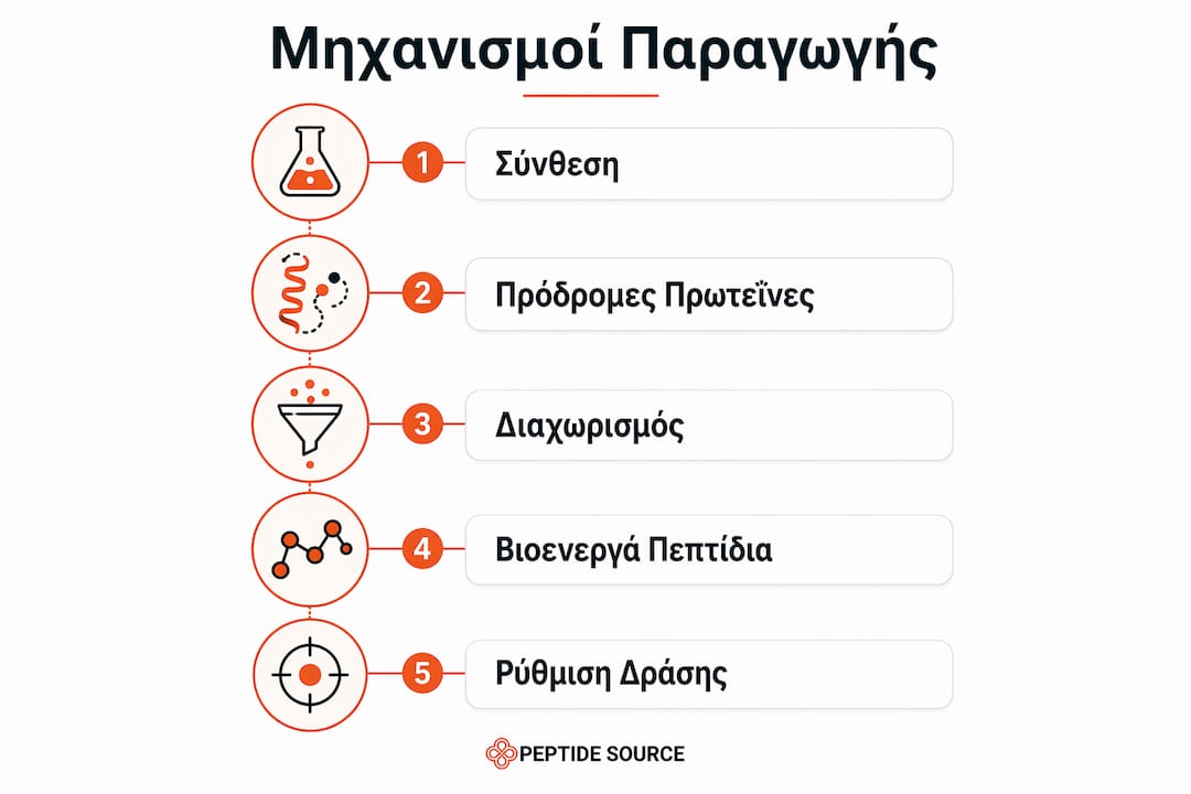 Γραφικό που παρουσιάζει τα στάδια παραγωγής ενδογενών πεπτιδίων