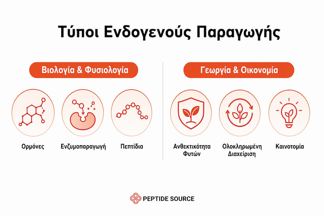 Εικονογραφημένη παρουσίαση που αναδεικνύει τις ομοιότητες και τις διαφορές ανάμεσα στους ενδογενείς τρόπους παραγωγής στη βιολογία και τη γεωργία.