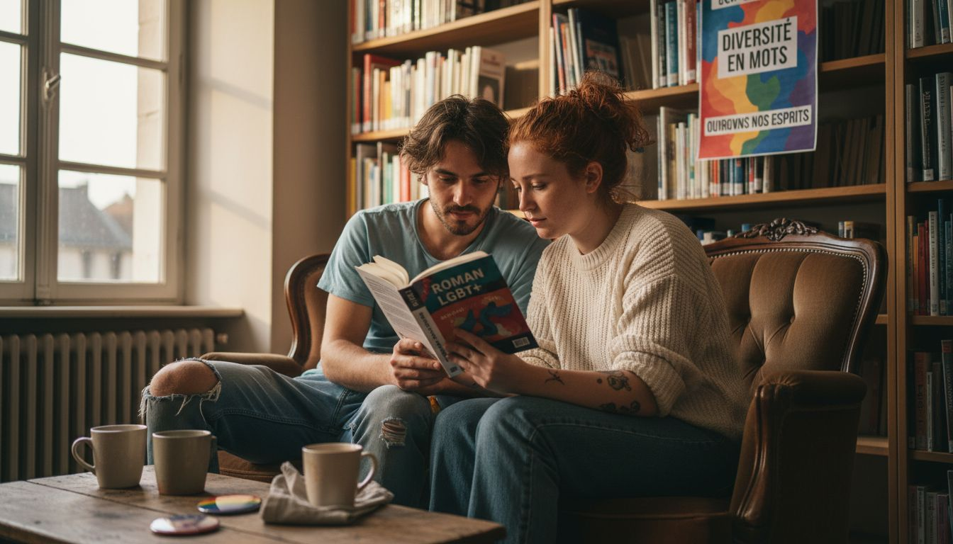 Des ados plongés dans la lecture de romans d’amour LGBTQ+ à la bibliothèque.