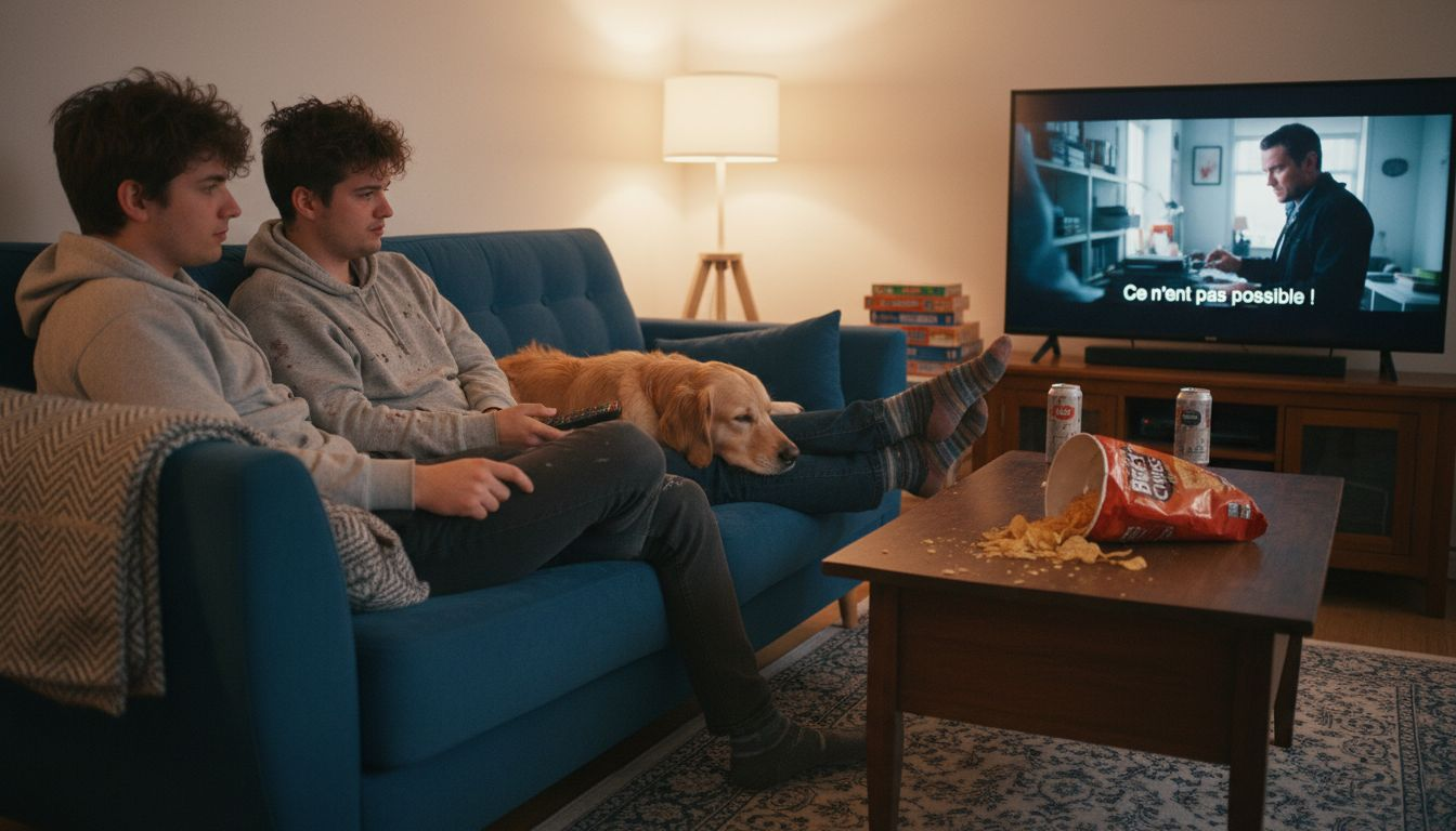 Un couple homosexuel profite d'une soirée cinéma à la maison, confortablement installé dans leur salon.