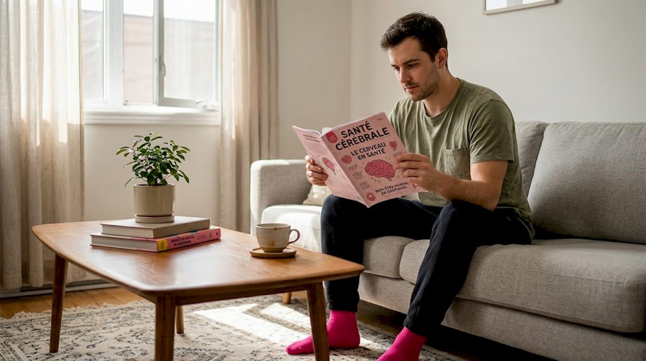 Installé confortablement sur son canapé, un homme feuillette un article consacré à la santé du cerveau.