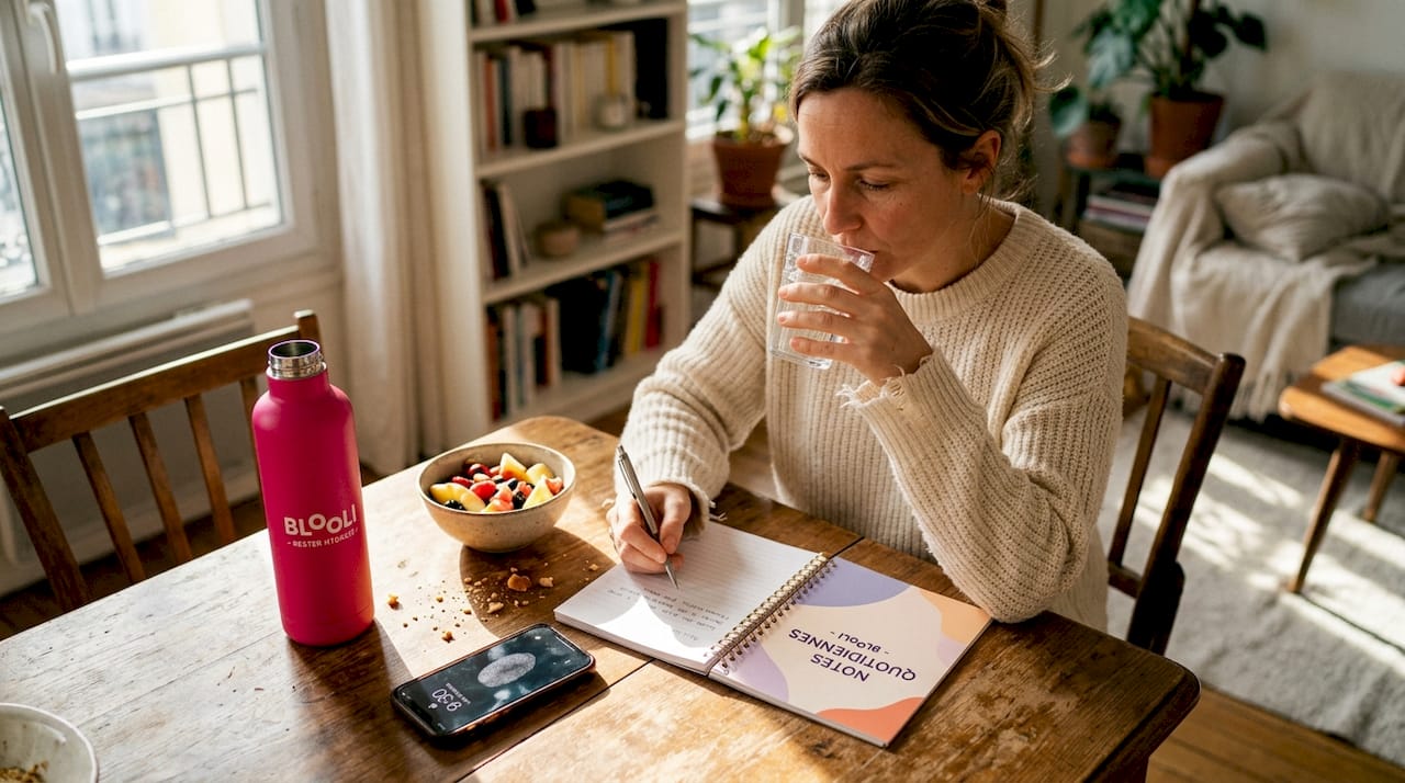 Une femme prend quelques notes tout en savourant un verre d’eau, profitant du calme du matin.