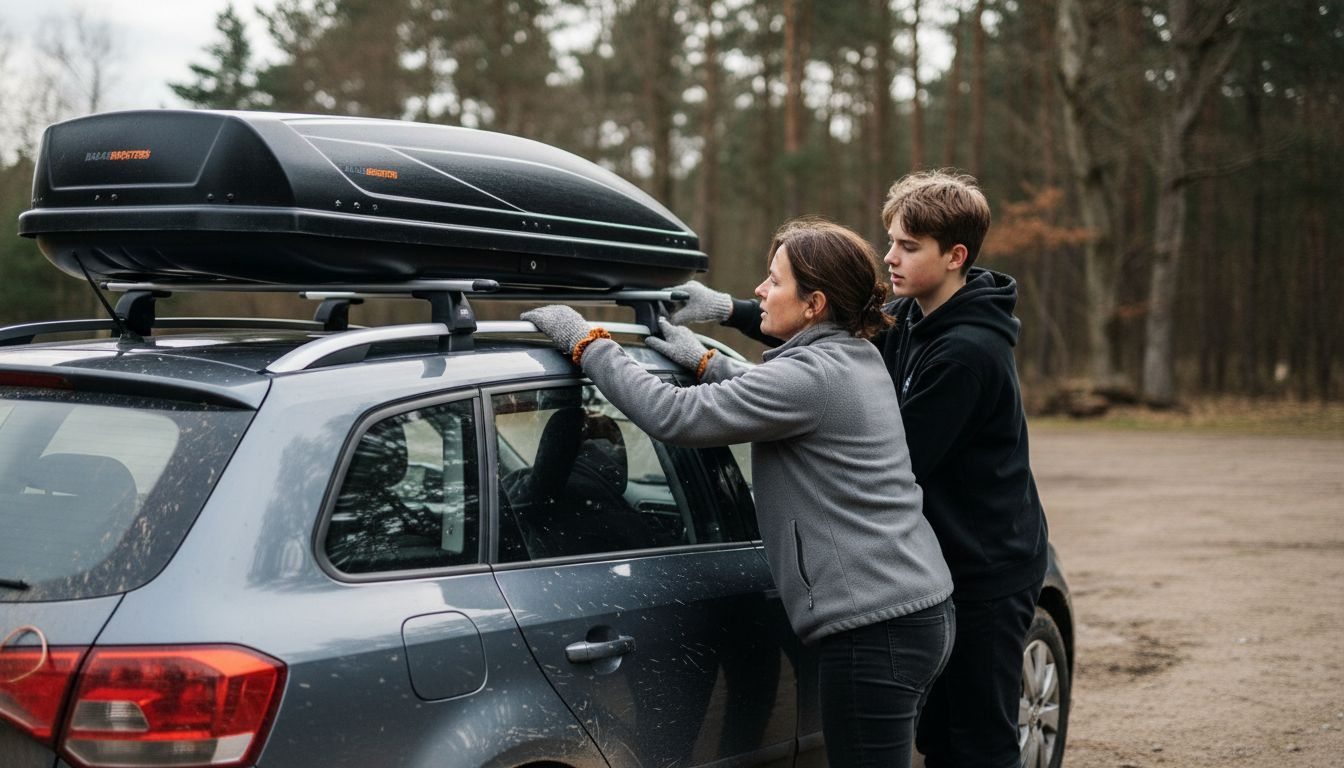 Een gezin bevestigt een dakkoffer op de dakdragers van hun auto.